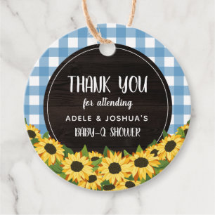 Blue Gingham & Sunflowers Baby-Q Shower Thank You Favour Tags