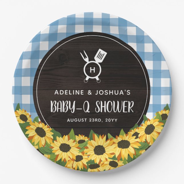 Blue Gingham & Sunflowers Rustic Baby-Q Shower Paper Plate (Front)