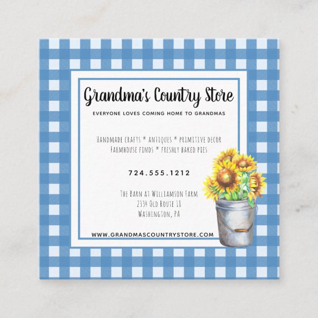 Blue Gingham & Sunflowers Rustic Country Business Square Business Card (Front)