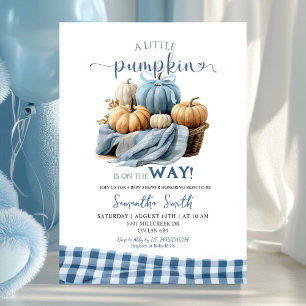 Blue Gingham Sweet Pumpkin Baby Shower Invitation