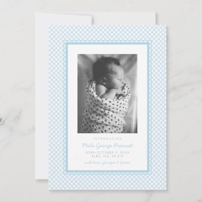 Blue gingham sweet simple one photo birth announcement (Front)