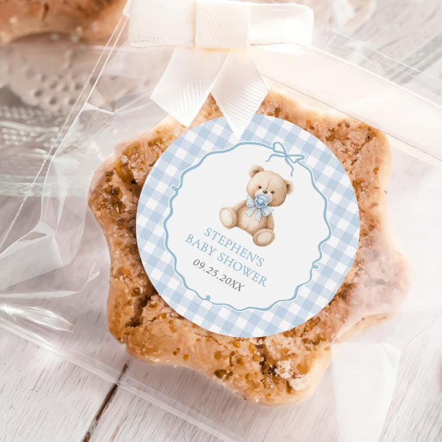 Blue Gingham Teddy Bear Baby Shower  Classic Round Sticker (Creator Uploaded)