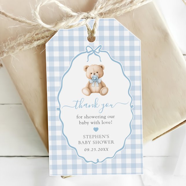 Blue Gingham Teddy Bear Baby Shower  Gift Tags (Creator Uploaded)