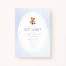 Blue Gingham Teddy Bear Baby Shower Invitation