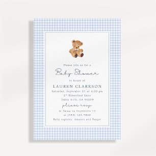 Blue Gingham Teddy Bear Baby Shower Invitation