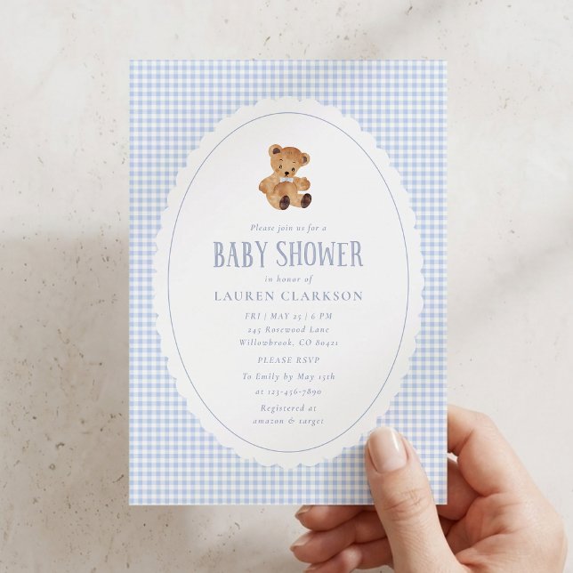 Blue Gingham Teddy Bear Baby Shower Invitation (Creator Uploaded)