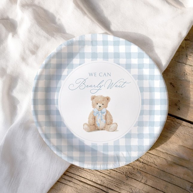 Blue Gingham Teddy Bear Baby Shower Paper Plate (Creator Uploaded)