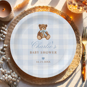 Blue Gingham Teddy Bear Baby Shower Paper Plate