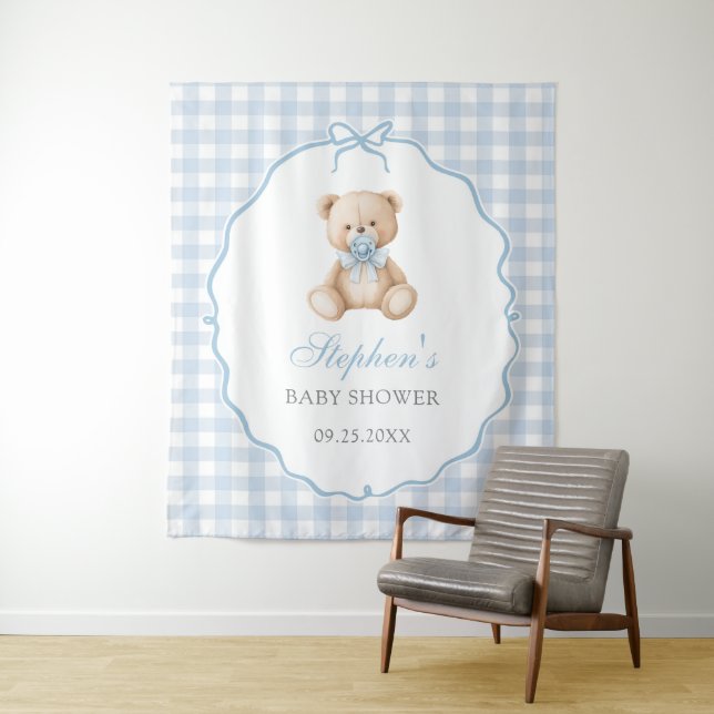 Blue Gingham Teddy Bear Baby Shower  Tapestry (In Situ)