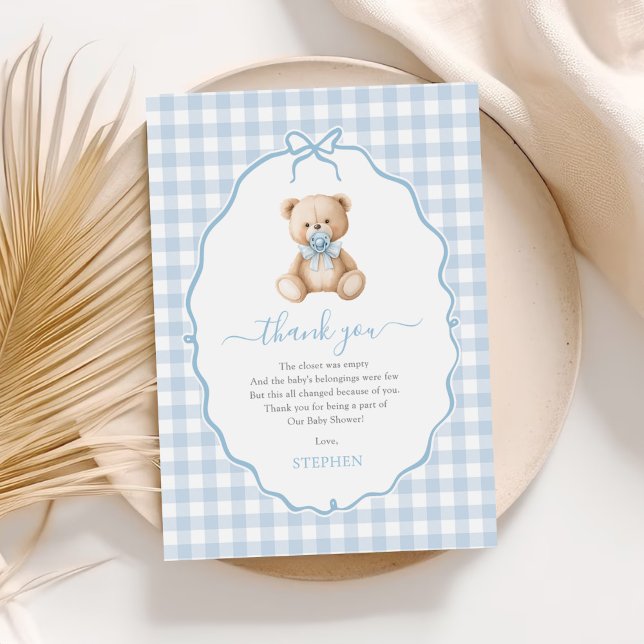 Blue Gingham Teddy Bear Baby Shower  Thank You Card (Creator Uploaded)