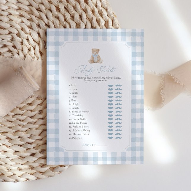 Blue Gingham Teddy Bear Baby Traits Game Invitation (Creator Uploaded)
