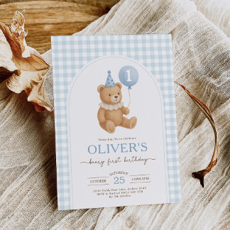 Blue Gingham Teddy Bear Balloon Boy 1st Birthday Invitation