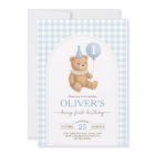 Blue Gingham Teddy Bear Balloon Boy 1st Birthday