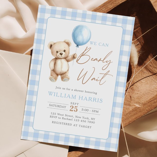 Blue Gingham Teddy Bear Balloon Boy Baby Shower Invitation (Creator Uploaded)