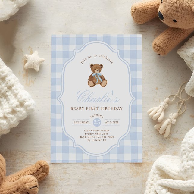 Blue Gingham Teddy Bear Beary First Birthday Invitation (Creator Uploaded)