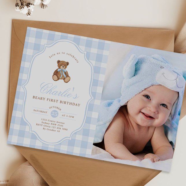 Blue Gingham Teddy Bear Beary First Birthday Photo Invitation (Creator Uploaded)
