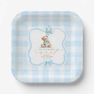 Blue Gingham Teddy Bear Boy Baby Shower Paper Plate
