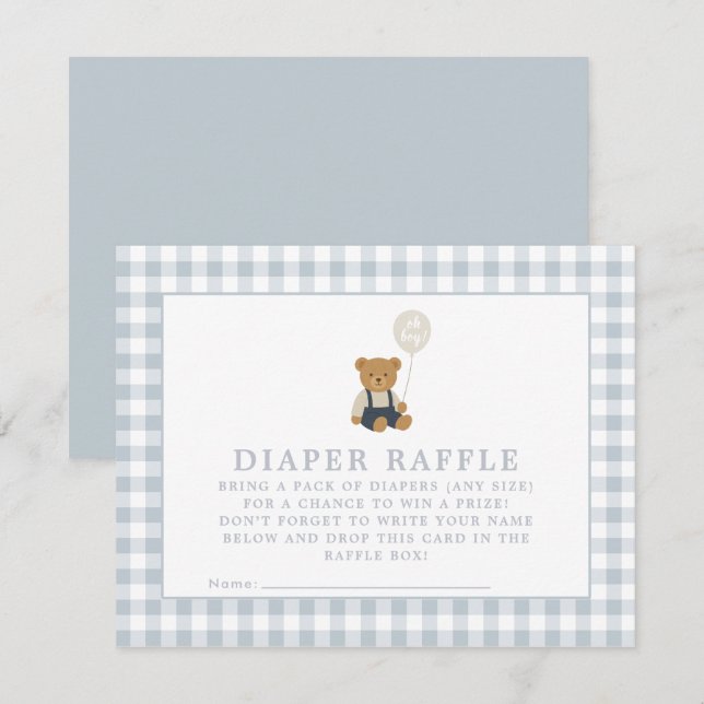  Blue Gingham Teddy Bear diaper raffle card (Front/Back)