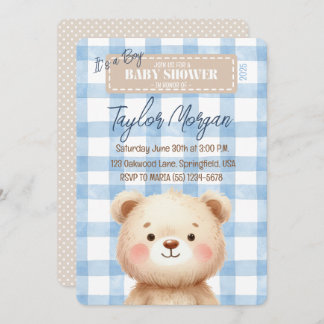 Blue Gingham Teddy Bear Invitation
