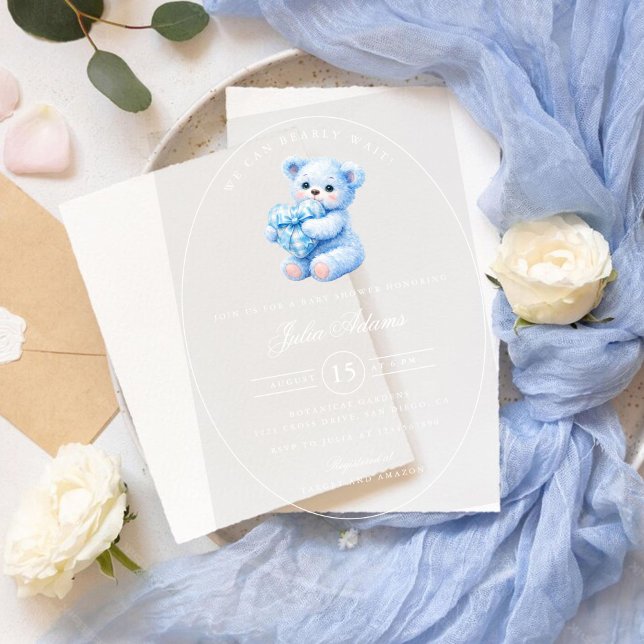 Blue Gingham Teddy Bear Neutral Baby Shower Acrylic Invitations (Creator Uploaded)