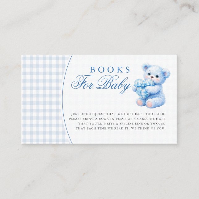 Blue Gingham Teddy Bear Neutral Baby Shower Enclosure Card (Front)