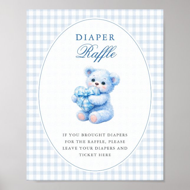 BLUE GINGHAM TEDDY BEAR NEUTRAL BABY SHOWER POSTER (Front)