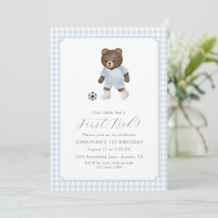 Blue Gingham Teddy Bear Soccer First Kick Invitation