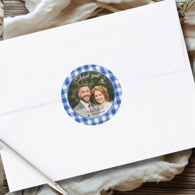Blue Gingham Thank you Photo Classic Round Sticker (Blue Gingham Thank you Photo Classic Round Sticker)