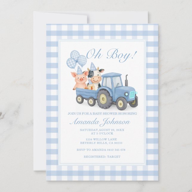 Blue Gingham Tractor Baby Shower Animals Invitation (Front)