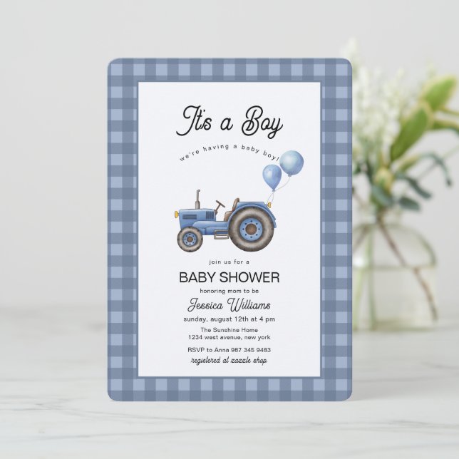 Blue Gingham Tractor Balloon Baby Shower  Invitation (Standing Front)