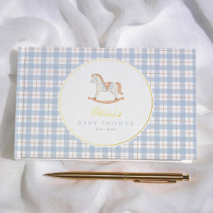Blue Gingham Vintage Rocking Horse Baby Shower Guest Book