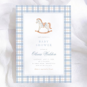 Blue Gingham Vintage Rocking Horse Baby Shower Invitation