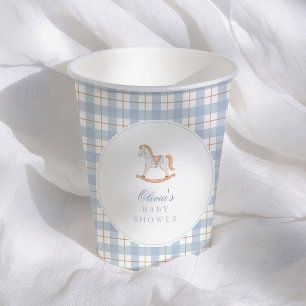Blue Gingham Vintage Rocking Horse Baby Shower Paper Cups