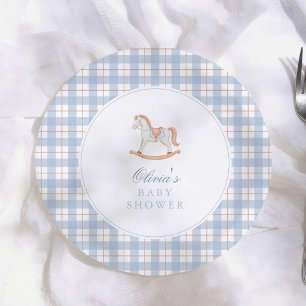 Blue Gingham Vintage Rocking Horse Baby Shower Paper Plate