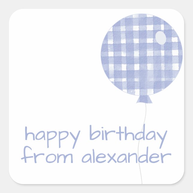 Blue Gingham Watercolor Balloon Gift Stickers (Front)