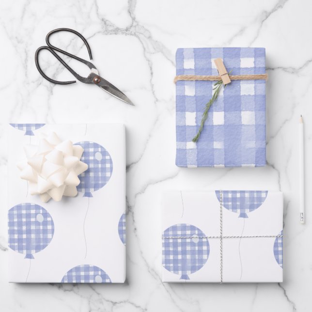 Blue Gingham Watercolor Balloon Wrapping Paper (Front)