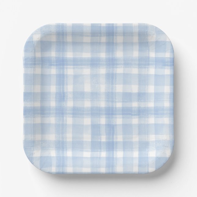 Blue Gingham Watercolor Paper Plates (Front)