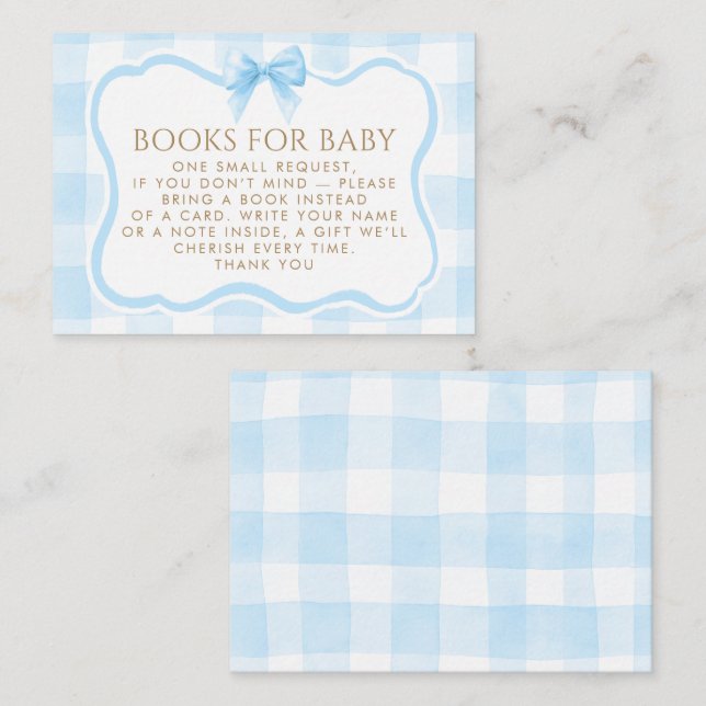 Blue Gingham Wavy Frame Bow Books For Baby Request Enclosure Card (Front/Back)