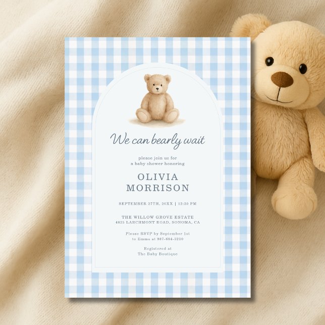 Blue Gingham We Can Bearly Wait Baby Shower Invitation (Creator Uploaded)