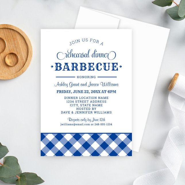Blue Gingham Wedding Rehearsal Dinner Barbecue Invitation (Creator Uploaded)