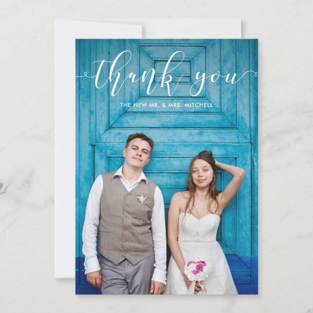 Blue Gingham | Wedding Thank You with Photo (Front)