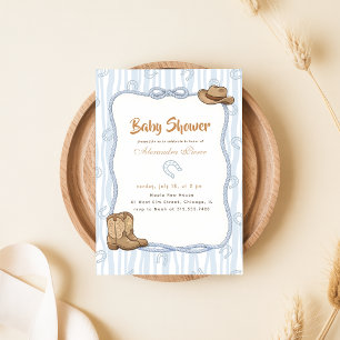 Blue Gingham Western Cowboy Baby Shower Invitation