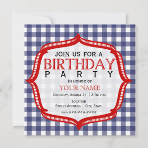Blue Gingham With Red - Birthday Party Invitation