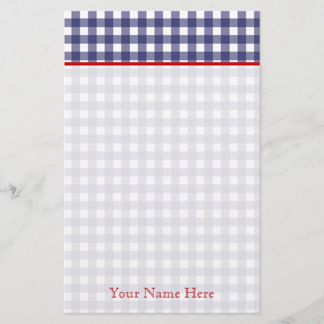 Blue Gingham With Red Personalised Stationery (Front)