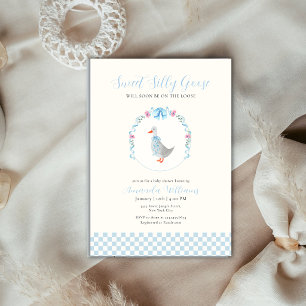 Blue Gingham Woodland Silly Goose Baby Shower Invitation