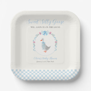 Blue Gingham Woodland Silly Goose Baby Shower Paper Plate
