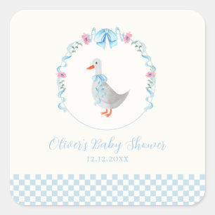 Blue Gingham Woodland Silly Goose Baby Shower Square Sticker