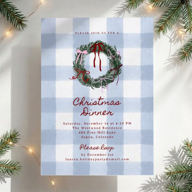 Blue Gingham Wreath Christmas Dinner Party  Invitation (Creator Uploaded)