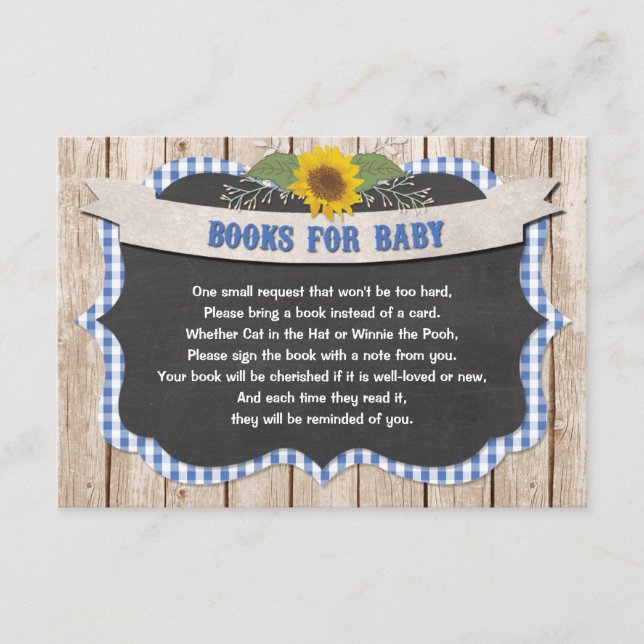 Blue gingham yellow sunflowers books for baby enclosure card (Front)
