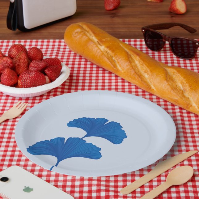 Blue Ginkgo Leaf  Customisable Background Colours  Paper Plate (Picnic)